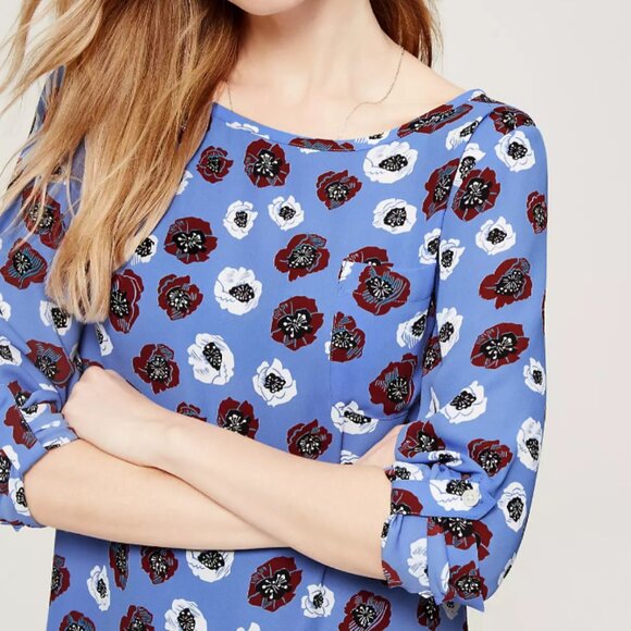LOFT Petite Floral Flounce Pocket Blouse Blue Chiffon Drapey Long Tab Sleeve MP - Picture 4 of 10